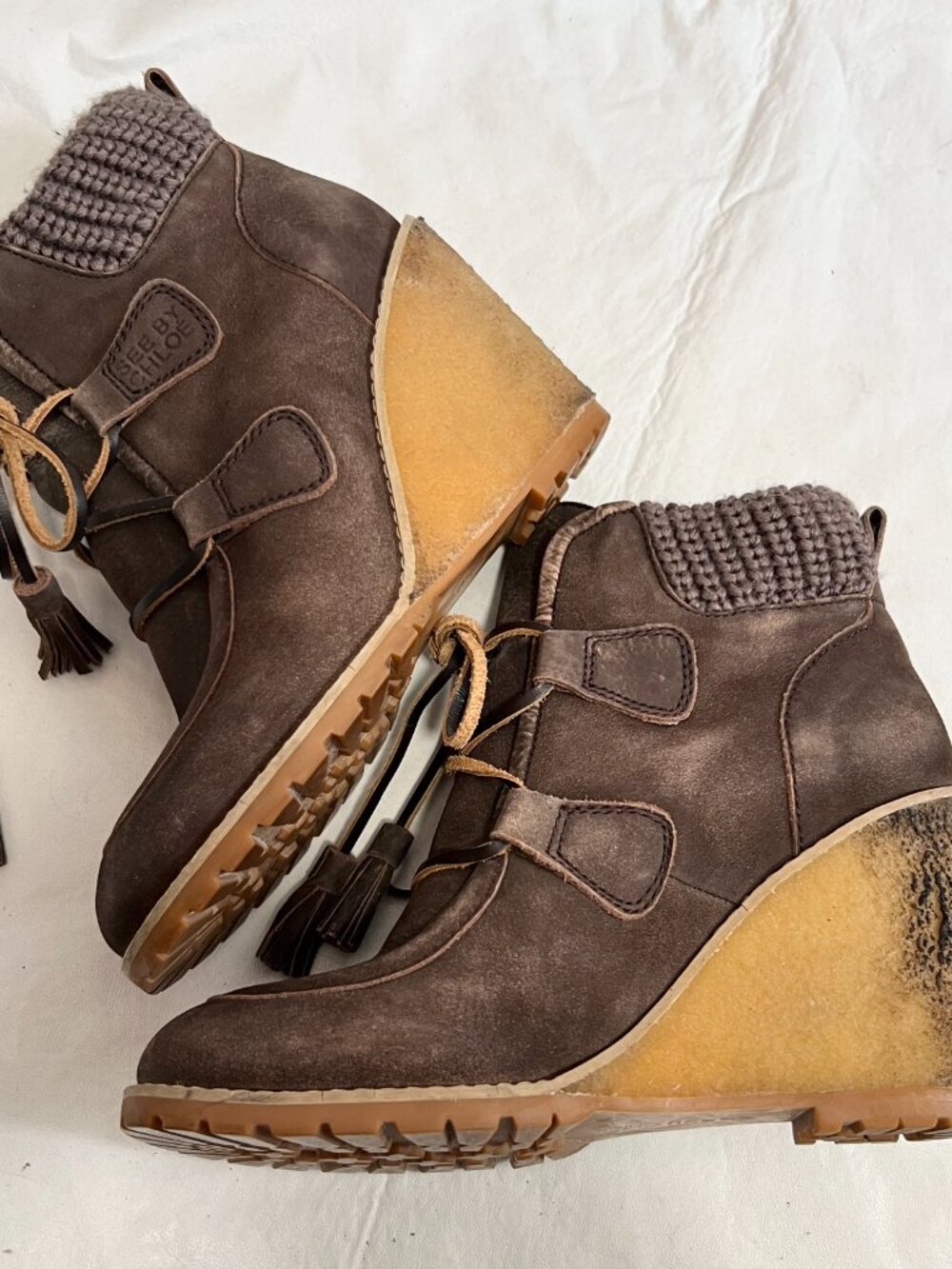 See by Chloé boots Wallabee wedge brown suede 40 9.5 high heel lace up knit cuff - Picture 6 of 15